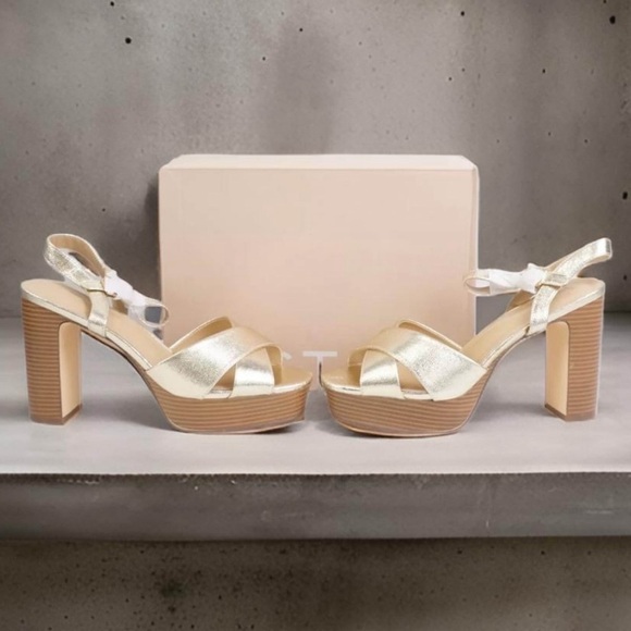 JUST FAB • Gold Tina Crossover Platform Heeled Sandals Includes Box - Picture 8 of 8